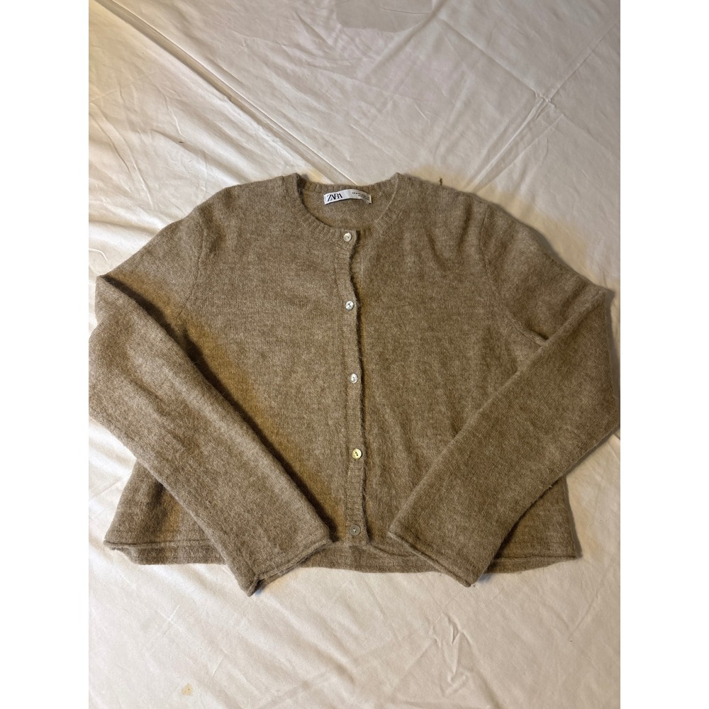 Zara Cardigan Sweater Women Medium Brown  Knit Button Front Crew Neck